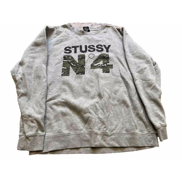 VINTAGE STUSSY CAMO SPELL OUT Crewneck SWEATSHIRT Sz L No4 Grey